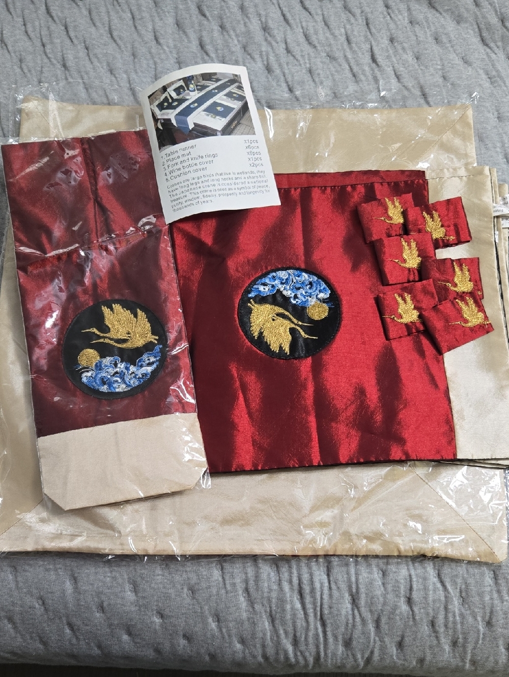 Red Satin Placemat Set with Gold Embroidered Crane Detail And Accessories